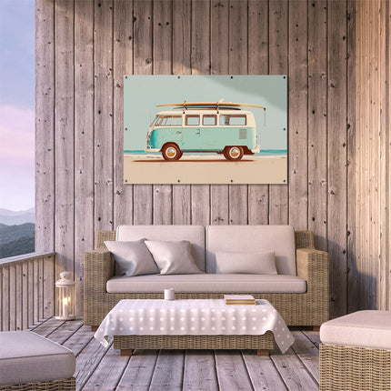Tuinposter buiten terras Vw Bus met een Surfplank Erop