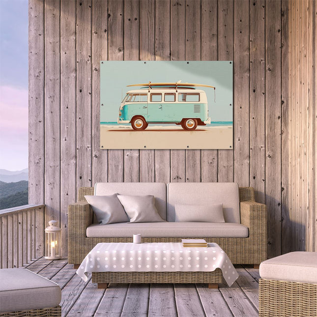 Tuinposter buiten terras Vw Bus met een Surfplank Erop
