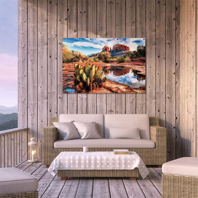 Tuinposter buiten terras Cactusplant Wordt Weerspiegeld in een Vijver in Sedona, Arizona