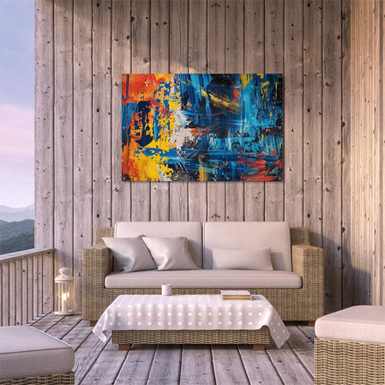 Tuinposter buiten terras Abstract Kunstwerk met Blauwe, Gele en Oranje Kleuren