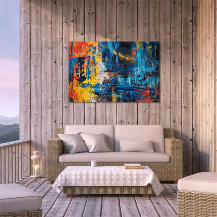 Tuinposter buiten terras Abstract Kunstwerk met Blauwe, Gele en Rode Kleuren