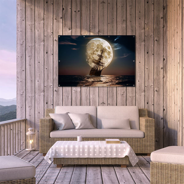Tuinposter buiten terras Schip in de Oceaan met een Volle Maan