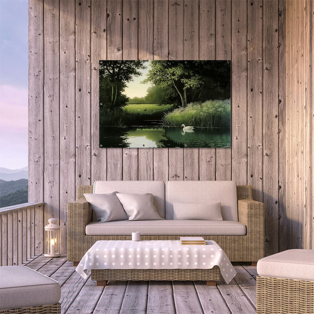 Tuinposter buiten terras Twee Zwanen in een Vijver