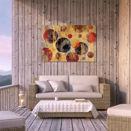 Tuinposter buiten terras Abstract Kunstwerk met Rode, Bruine en Gouden Cirkels