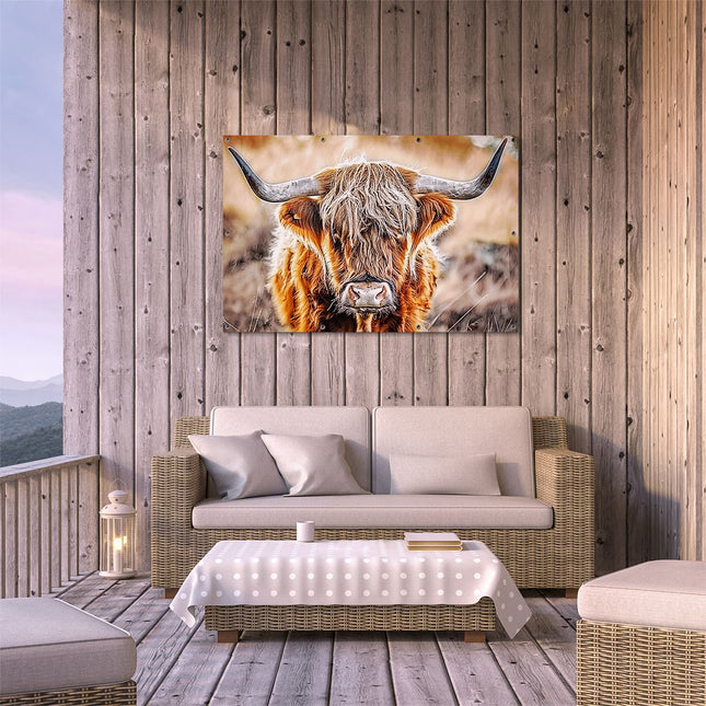 Tuinposter buiten terras Schotse Hooglandkoe met Lange Hoorns