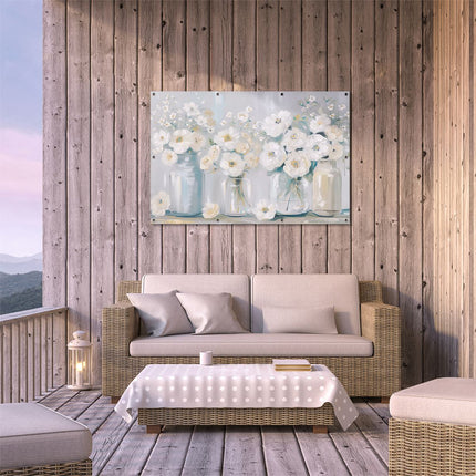 Tuinposter buiten terras Witte Bloemen in Stenen Potten