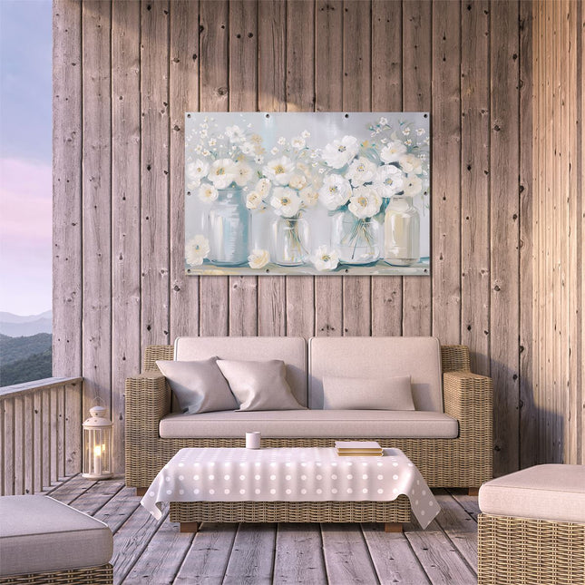 Tuinposter buiten terras Witte Bloemen in Stenen Potten