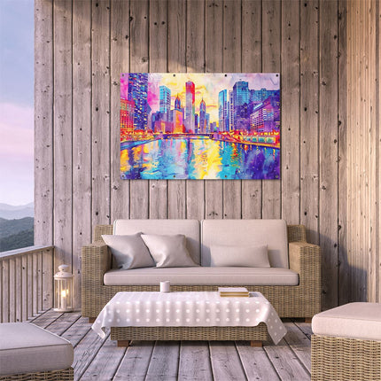 Tuinposter buiten terras Kunstwerk van de Chicago Rivier en Wolkenkrabbers