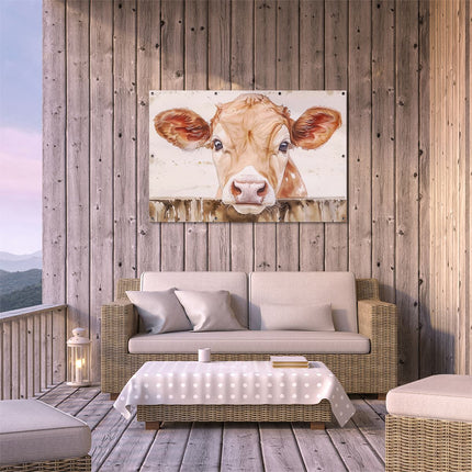 Tuinposter buiten terras Koe die over een Hek Kijkt