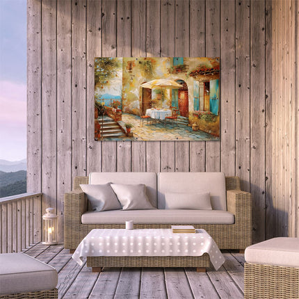 Tuinposter buiten terras Kunstwerk van een Tafel en Stoelen op een Binnenplaats