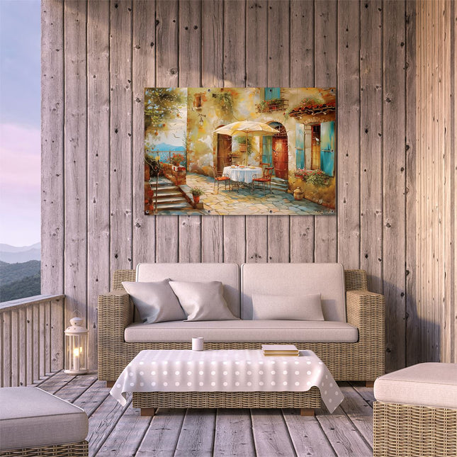 Tuinposter buiten terras Kunstwerk van een Tafel en Stoelen op een Binnenplaats