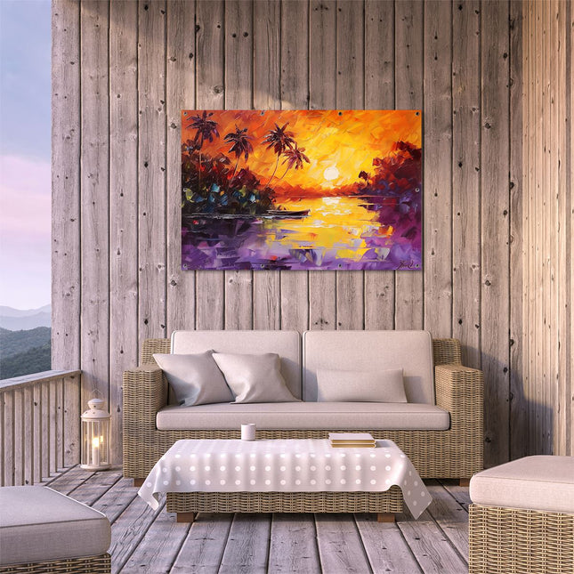 Tuinposter buiten terras Zonsondergang met Palmbomen en een Boot