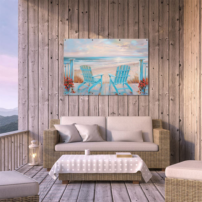 Tuinposter buiten terras Twee Adirondackstoelen op een Terras met Uitzicht op de Oceaan