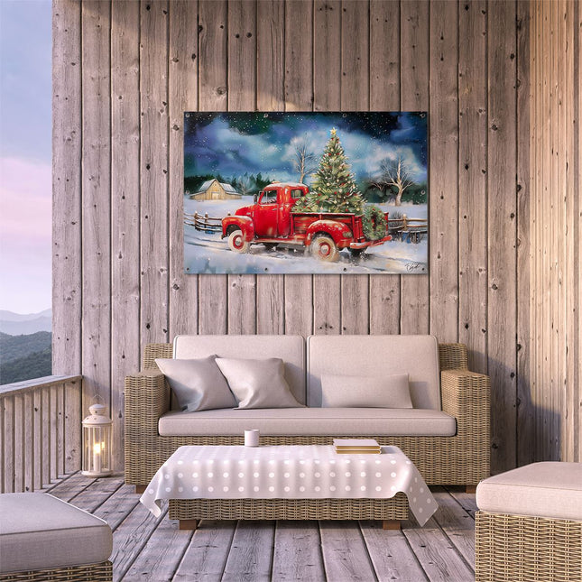 Tuinposter buiten terras Rode Vrachtwagen met een Kerstboom