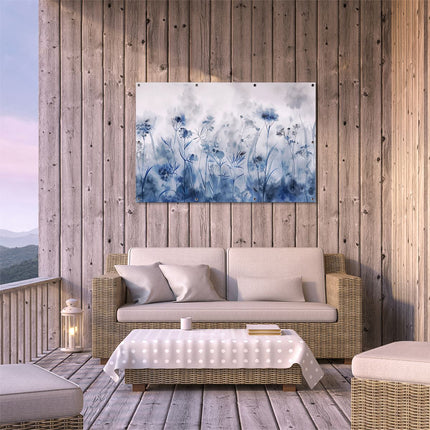 Tuinposter buiten terras Aquarelkunstwerk van een Veld met Blauwe Bloemen