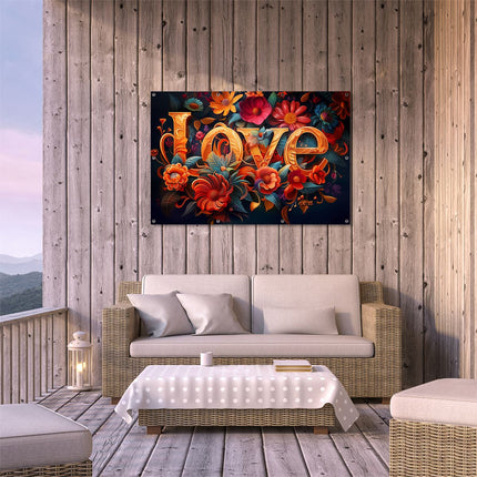 Tuinposter buiten terras Het Woord Liefde is Omgeven door Bloemen