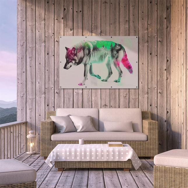 Tuinposter buiten terras Wolf loopt voor een Kleurrijke Achtergrond