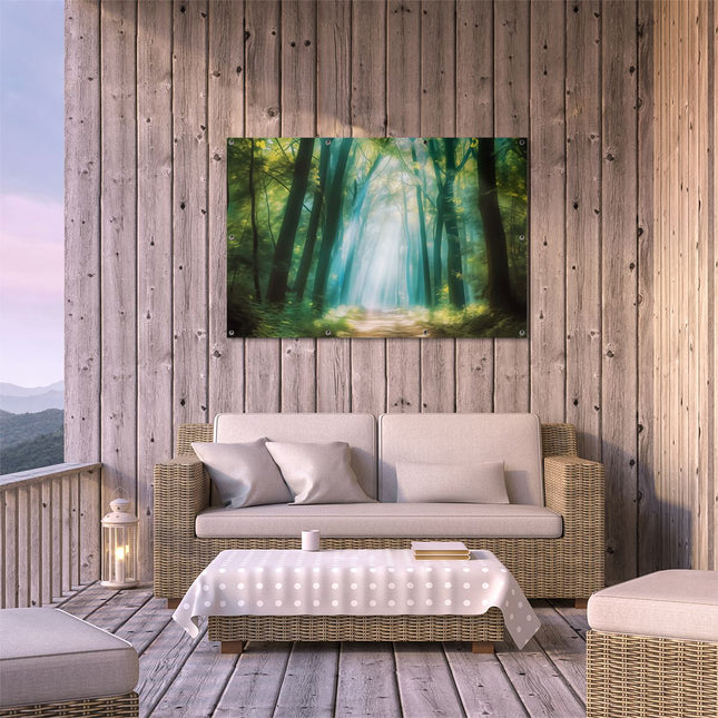 Tuinposter buiten terras Pad door een Bos met Zonlicht dat door de Bomen Schijnt