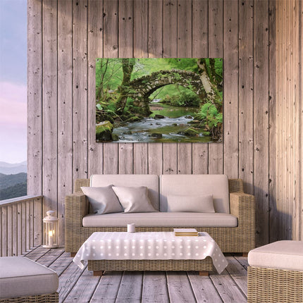 Tuinposter buiten terras Stenen Brug over een Beekje in het Bos