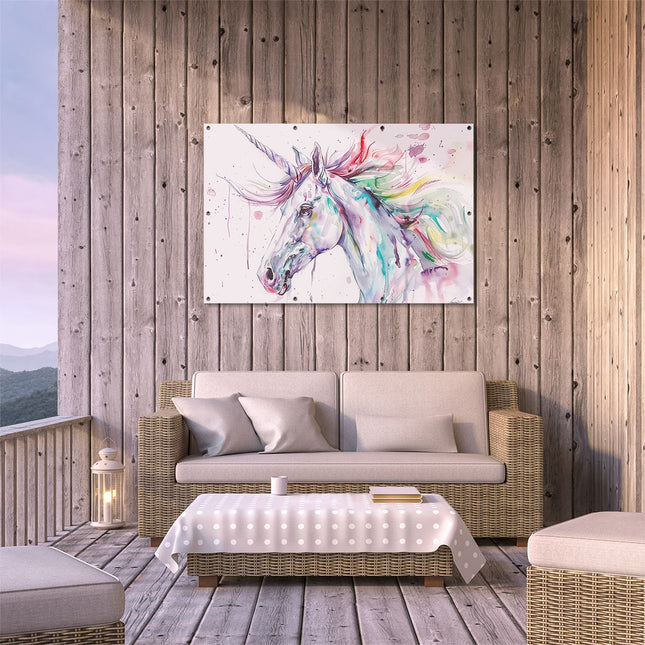 Tuinposter buiten terras Eenhoorn met Regenboogmanen