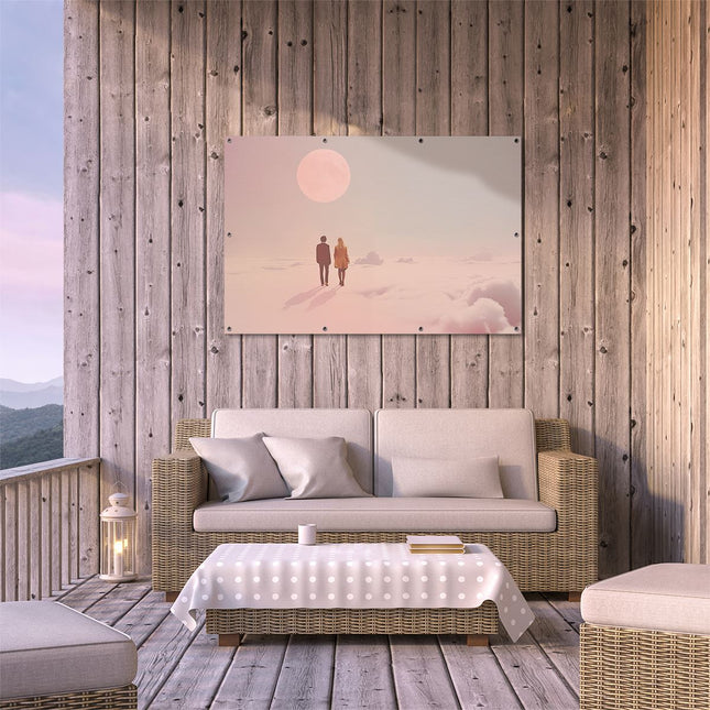 Tuinposter buiten terras Twee Mensen die Bovenop Wolken Staan ​​Met een Volle Maan Achter Hen