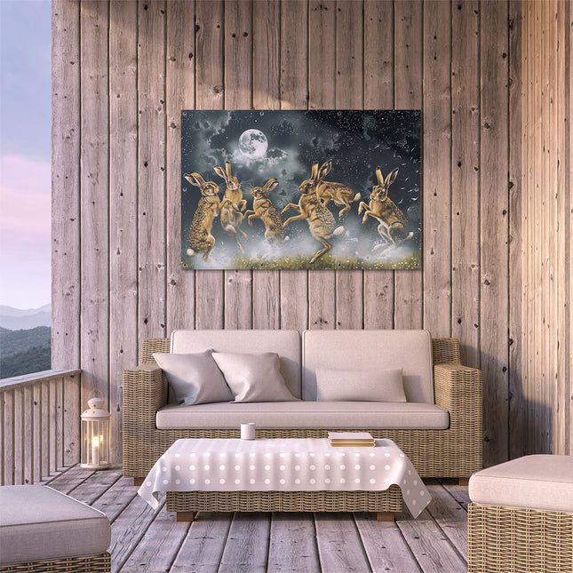 Tuinposter buiten terras Hazen Springen in het Maanlicht