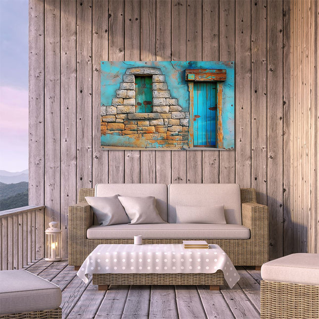Tuinposter buiten terras Blauwe Deur en een Stenen Muur