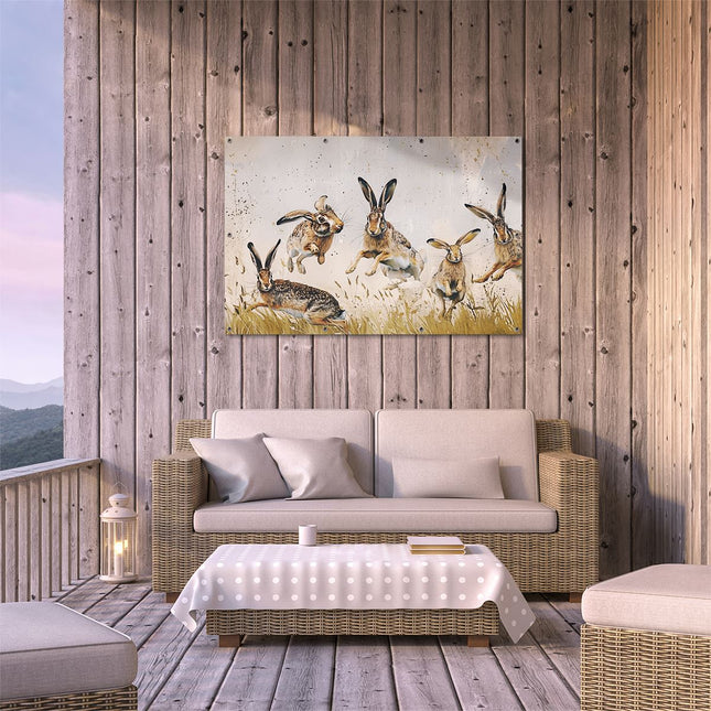 Tuinposter buiten terras Hazen Springen in het Gras