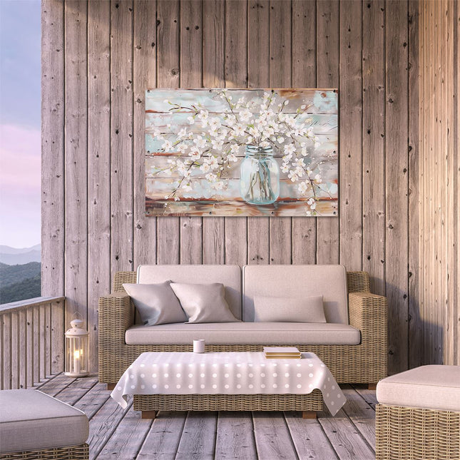 Tuinposter buiten terras Witte Bloemen in een Glazen Pot
