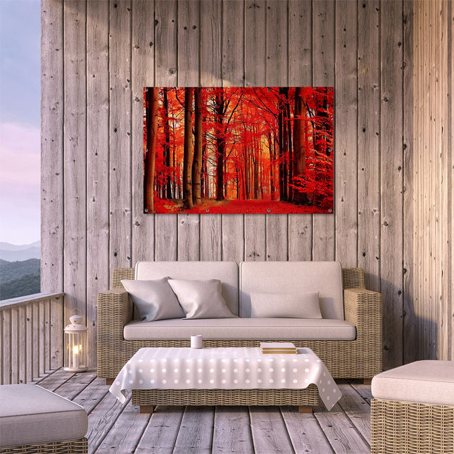 Tuinposter buiten terras Rood Pad in een Bos