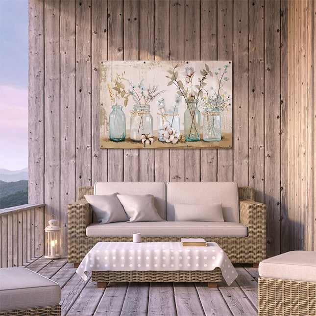 Tuinposter buiten terras Blauwe Stenen Potten met Bloemen Erin
