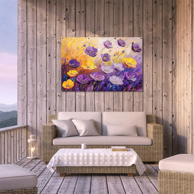 Tuinposter buiten terras Paarse en Gele Bloemen