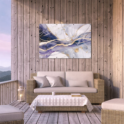 Tuinposter buiten terras Abstract Kunstwerk met Gouden en Blauwe Lijnen