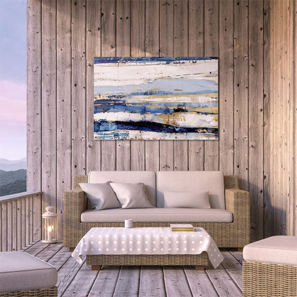 Tuinposter buiten terras Abstract Kunstwerk met Blauwe en Gouden Strepen