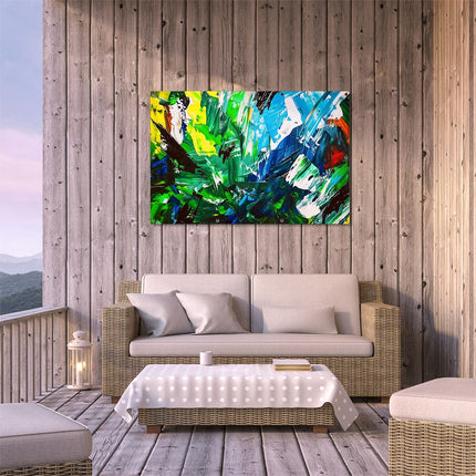 Tuinposter buiten terras Abstract Kunstwerk met Groene, Blauwe en Gele Kleuren