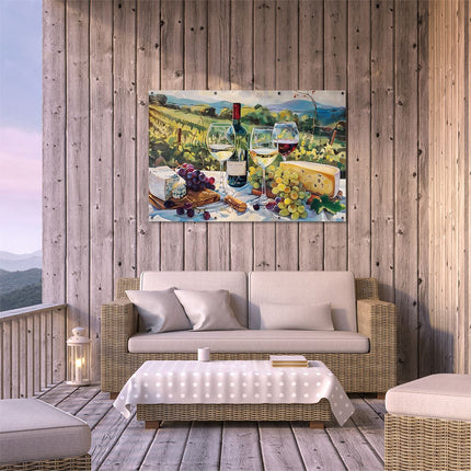 Tuinposter buiten terras Kunstwerk van Wijn, Kaas en Druiven op een Tafel
