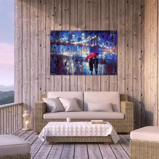 Tuinposter buiten terras Brooklyn Bridge 's Nachts met een Rode Paraplu