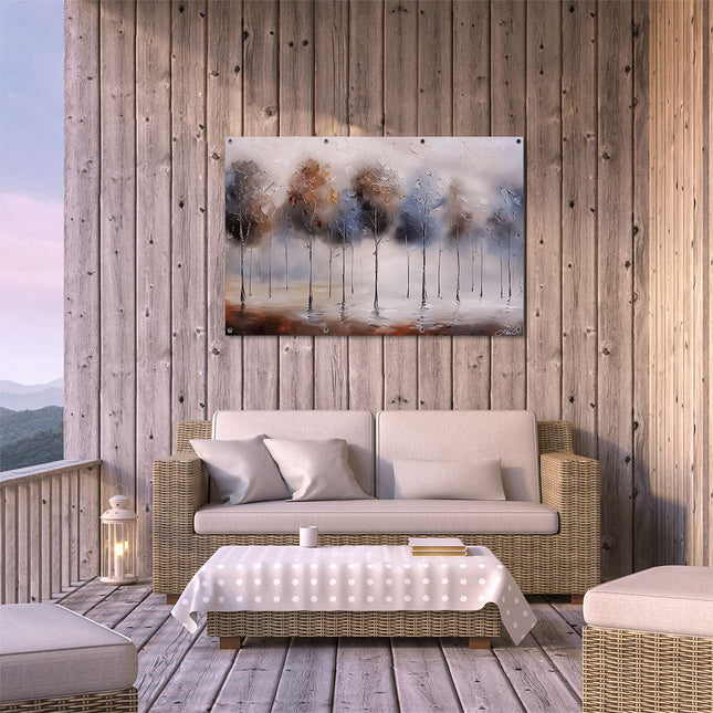 Tuinposter buiten terras Kunstwerk van Bomen in de Mist