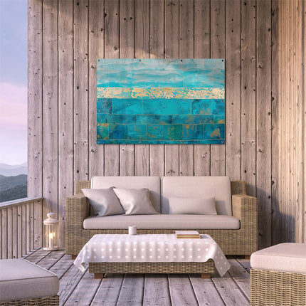 Tuinposter buiten terras Kunstwerk van een Blauw en Goud Betegelde Muur