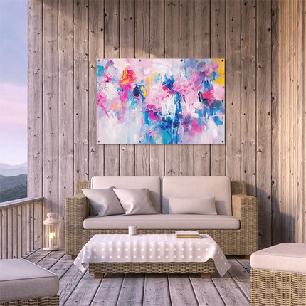 Tuinposter buiten terras Abstract Kunstwerk met Blauwe, Roze en Gele Kleuren