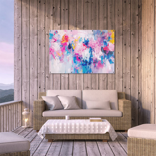 Tuinposter buiten terras Abstract Kunstwerk met Blauwe, Roze en Gele Kleuren