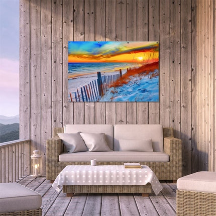 Tuinposter buiten terras Strandtafereel met een Hek en Zand