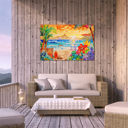 Tuinposter buiten terras Kunstwerk van een Tropisch Tafereel met Palmbomen en Surfplanken