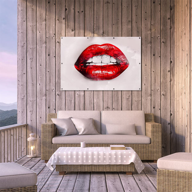 Tuinposter buiten terras De Rode Lippen van de Vrouw met Witte Tanden