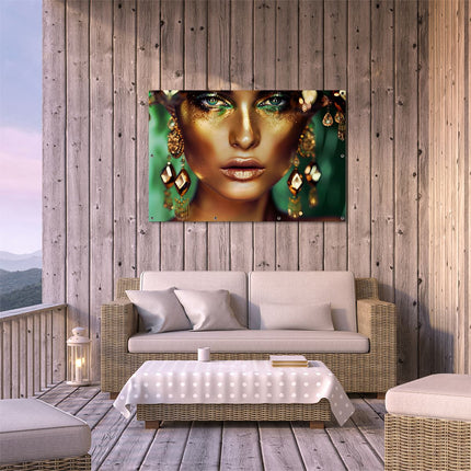Tuinposter buiten terras Vrouw met Gouden Make-Up en Oorbellen