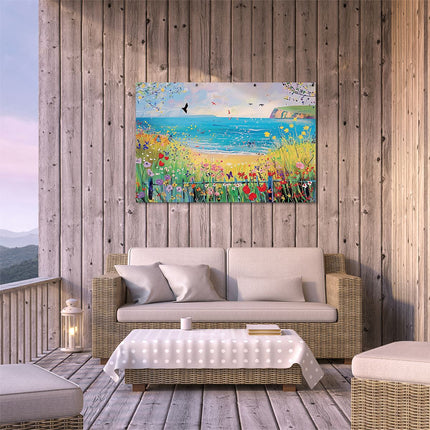 Tuinposter buiten terras Kunstwerk van een Strand met Bloemen en Vogels