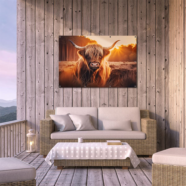 Tuinposter buiten terras Hooglandkoe die in een Veld Staat bij Zonsondergang