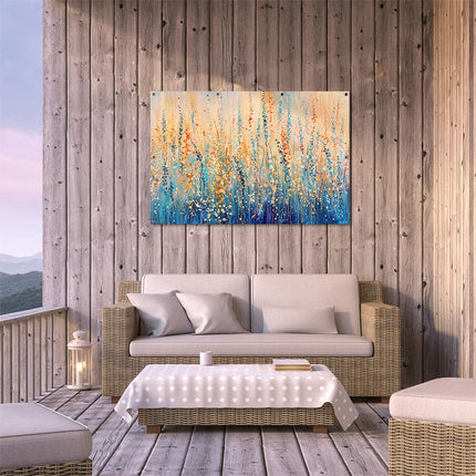 Tuinposter buiten terras Abstract Kunstwerk van een Veld met Blauwe en Oranje Bloemen