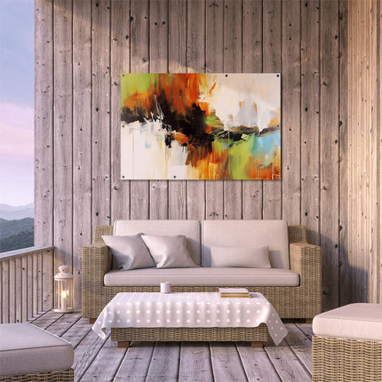 Tuinposter buiten terras Abstract Kunstwerk met Groene, Blauwe en Oranje Kleuren