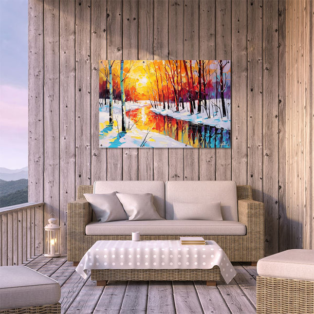 Tuinposter buiten terras Winters Tafereel met Bomen en een Rivier